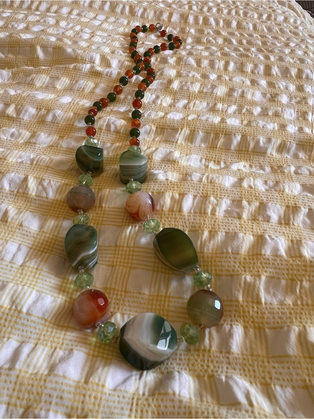 Green Agate & Carnelian Tone Beaded Statement Necklace Boho Artisan